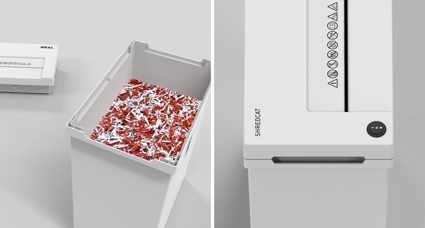 ideal-news-aktenvernichter-shredcat-8100-produktansichten-schnittgutbehaelter-bedienung