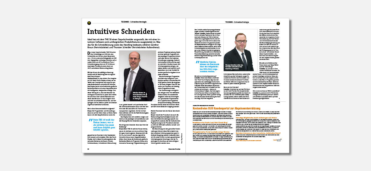 IDEAL hat mit dem THE 56 einen Stapelschneider vorgestellt, der mit einer intuitiven Software samt umfangreichen Produktfeatures ausgestattet ist. Was das für die Schneidleistung sowie das Handling bedeutet, erklären Günther Braun (Vertriebsleiter) und Thorsten Scheidler (Vertriebsleiter Außendienst).