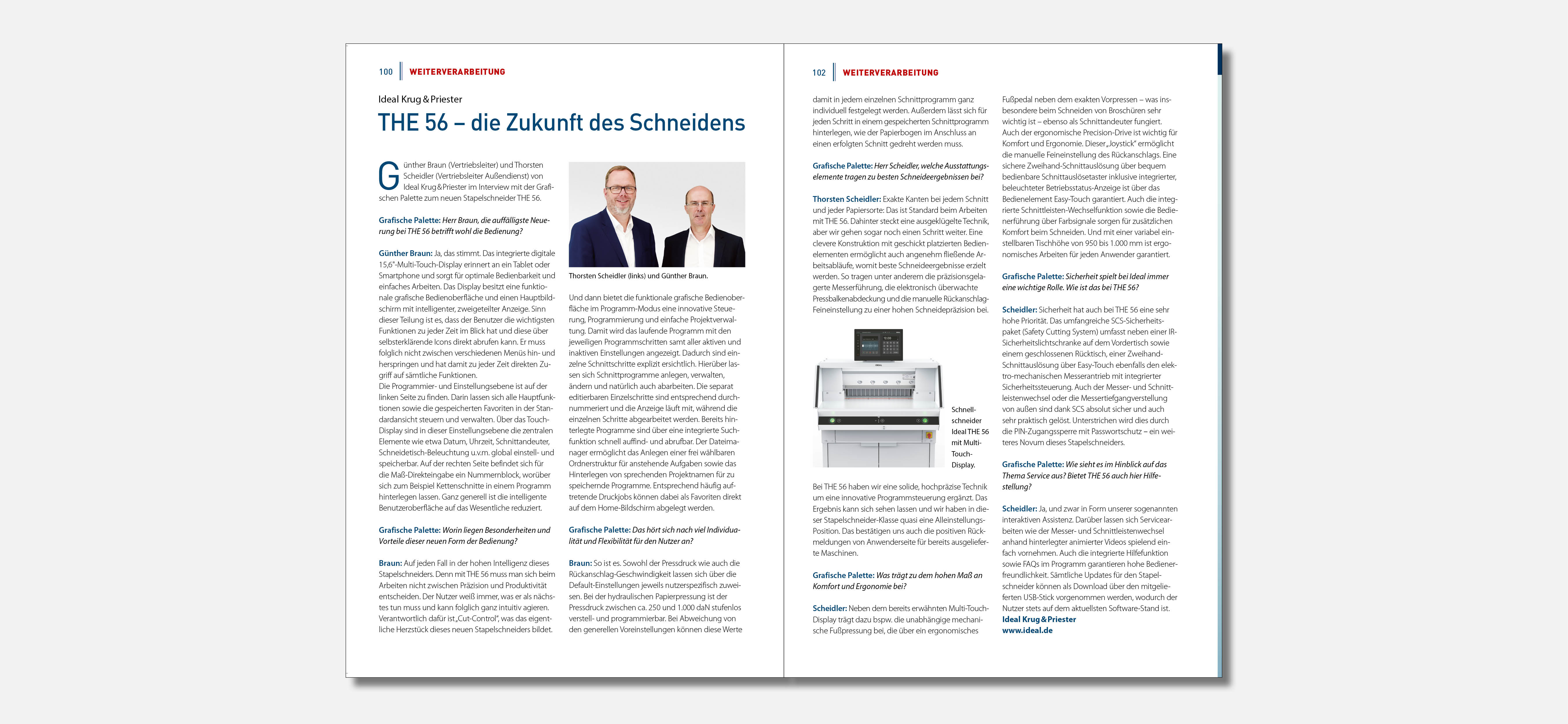 Günther Braun (Vertriebsleiter) und Thorsten Scheidler (Vertriebsleiter Außendienst) von Ideal Krug & Priester im Interview mit der Grafischen Palette zum neuen Stapelschneider THE 56.